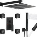 RUMOSE Rainfall Shower System with 4 Full Body Jet 4 Mode Shower Faucet Set with 12 Inch Rain Shower Head and 2 in 1 Handheld Spray, Matte Black Brass Shower Jet Shower Fixtures, Wall Mounted
