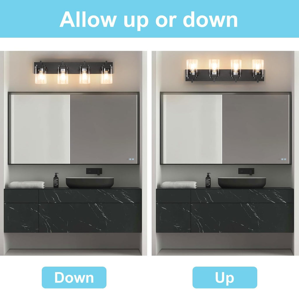 4-Light Vanity Light Fixture, Bathroom Wall Sconces, Bathroom Vanity Lighting Over Mirror | Square Clear Glass Shade | Bulbs Not Included | E26 Socket | Black