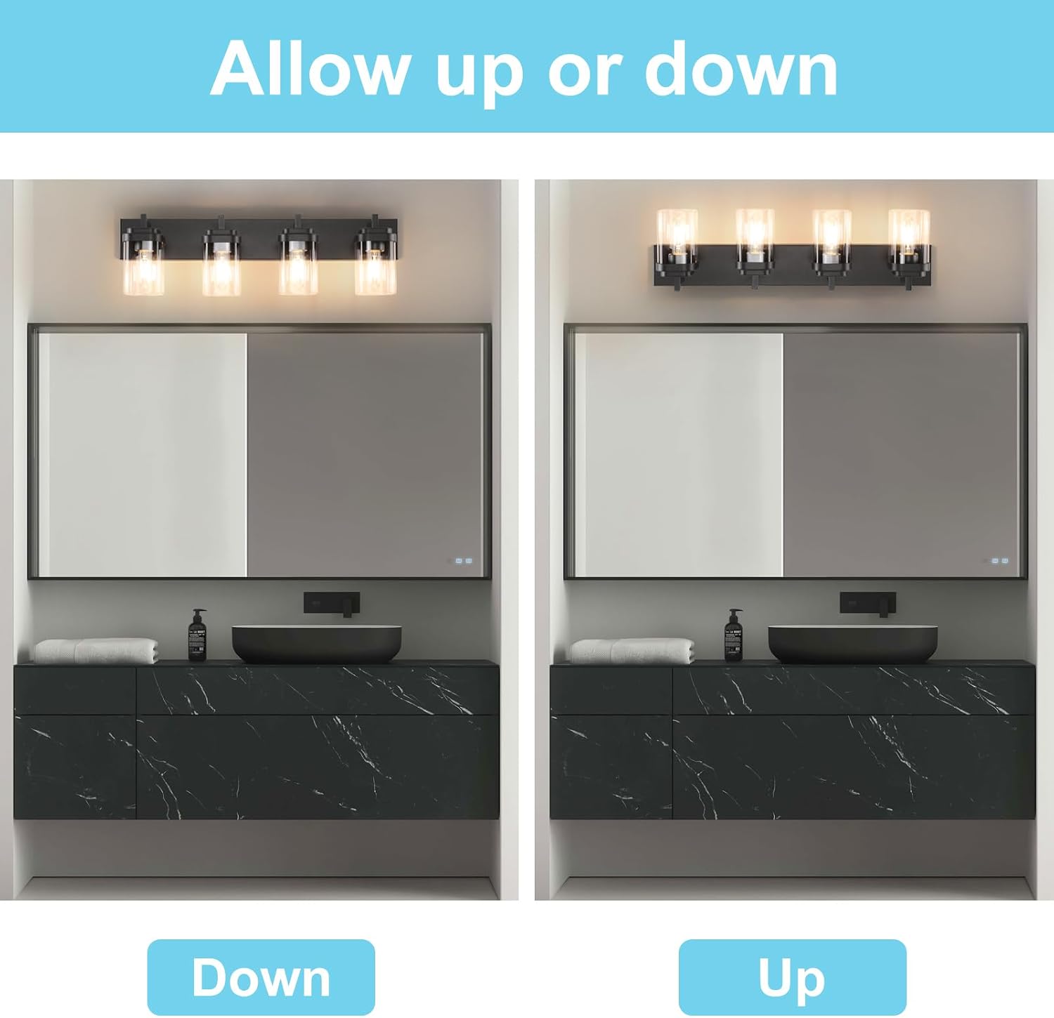 4-Light Vanity Light Fixture, Bathroom Wall Sconces, Bathroom Vanity Lighting Over Mirror | Square Clear Glass Shade | Bulbs Not Included | E26 Socket | Black