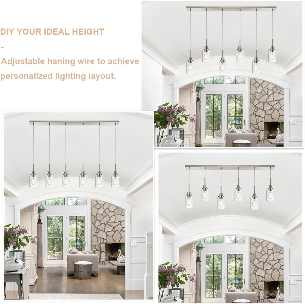 6-Lights Pendant Lighting for Kitchen Island in Brushed Nickel, Ceiling Light Fixtures with Adjustable Hanging Wire & Clear Glass Shades