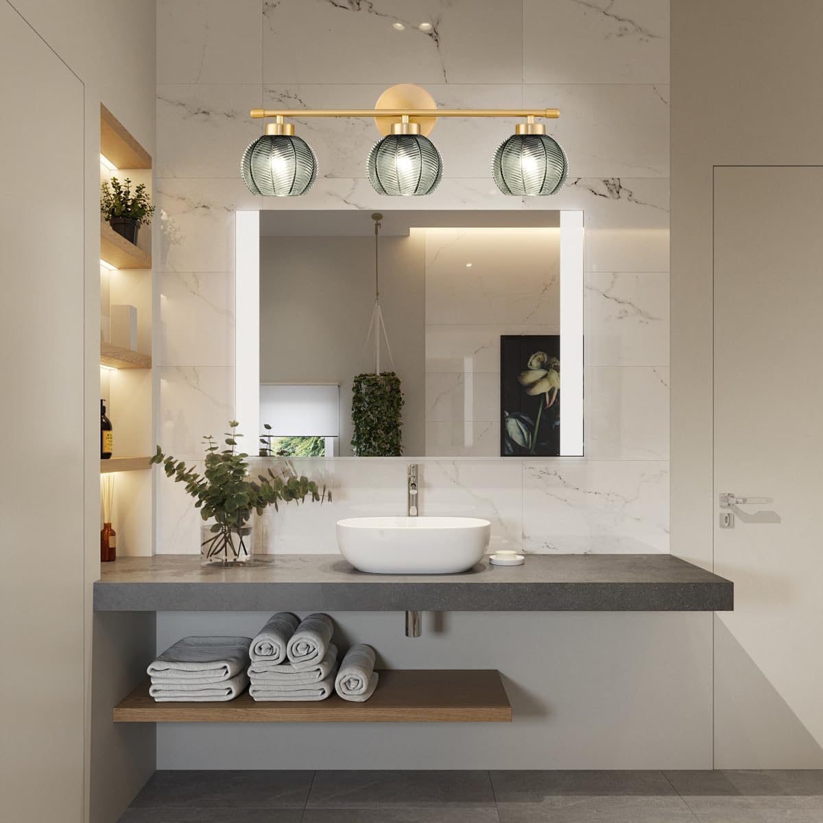 Modern 3 Lights Wall Sconce Lighting, Vintage Bathroom Light Fixtures Gold Vanity Light, Farmhouse Green Glass Wall Lamp, Porch Wall Mount Light for Mirror Living Room Bedroom