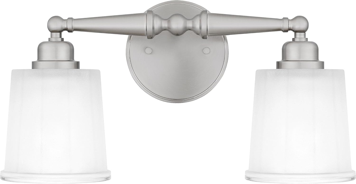 Quoizel Cecilia Bath Vanity Lights,16 Inch 2-Light Brushed Nickel Bathroom Lighting Fixtures Over Mirror, Sandblasted Ribbed Glass Shades, Wall Mount Light for Bathrooms