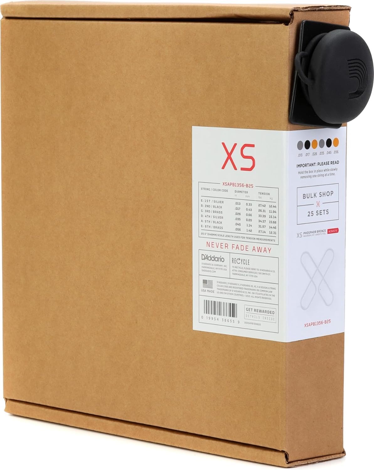 D'Addario Acoustic Guitar Strings, XS Phosphor Bronze Coated, XSAPB1356-B25, Medium Gauge 13-56, 6-String Set, Pack of 25