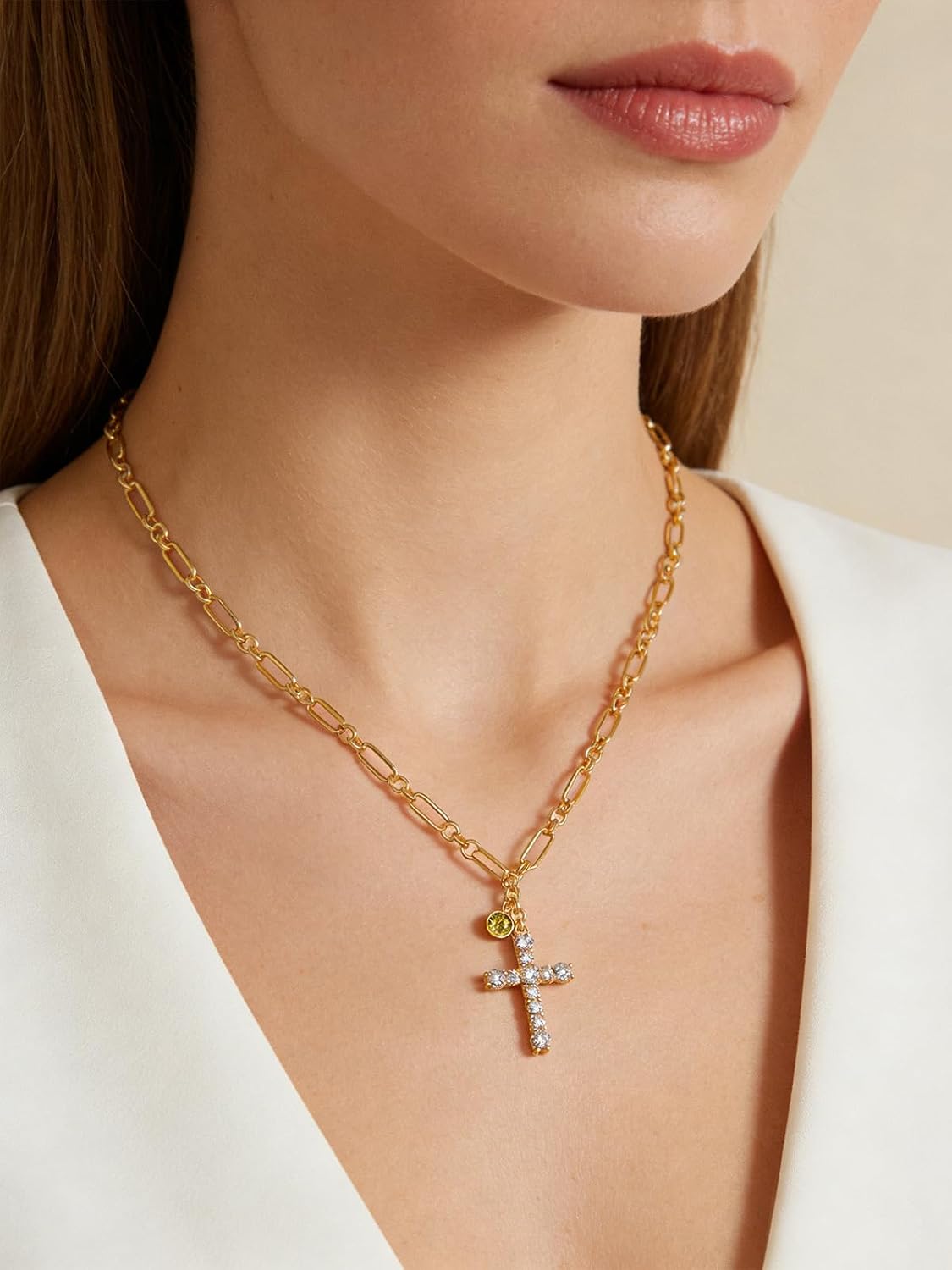 Cross Necklace for Women 14K Gold Birthstone Anniversary Birthday Gift for Wife Mom Protection Christian Jewelry Adjustable Chain