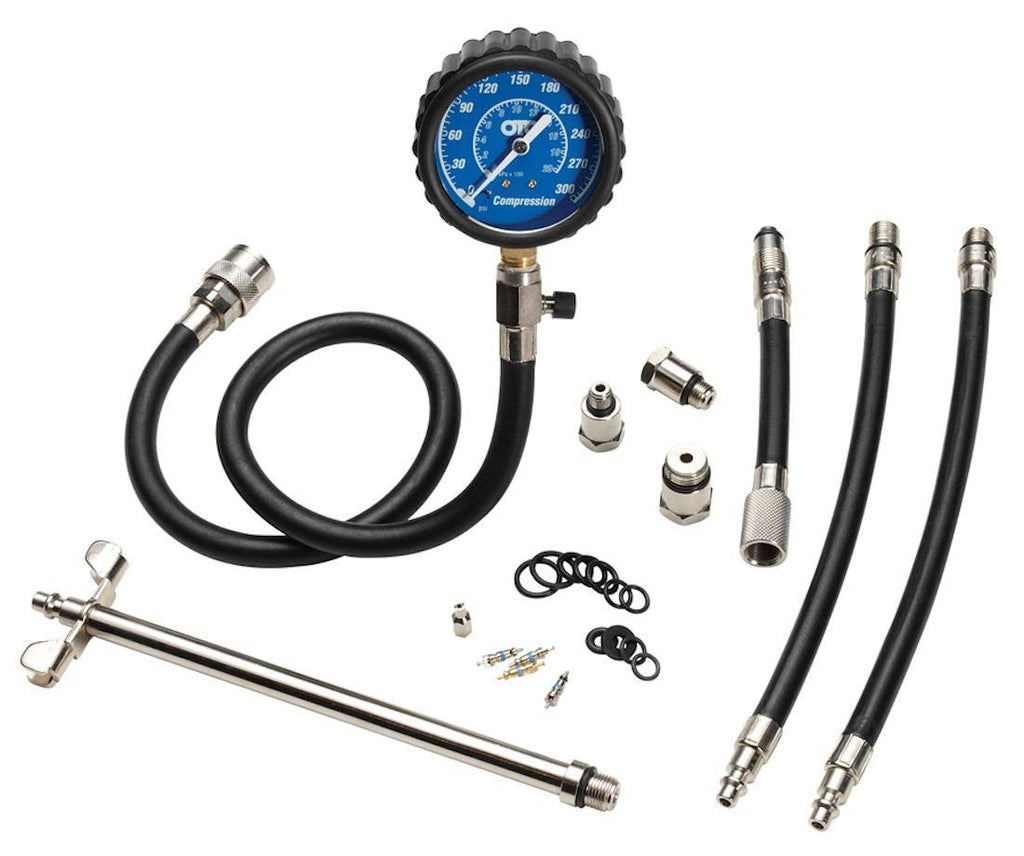 OTC 5605 Deluxe Compression Tester Kit for Gasoline Engines with Easy to Read 2-1/2' Dual Scale Gauge, Extra Long Flex Hose, Multiple Adapters, and Storage Case