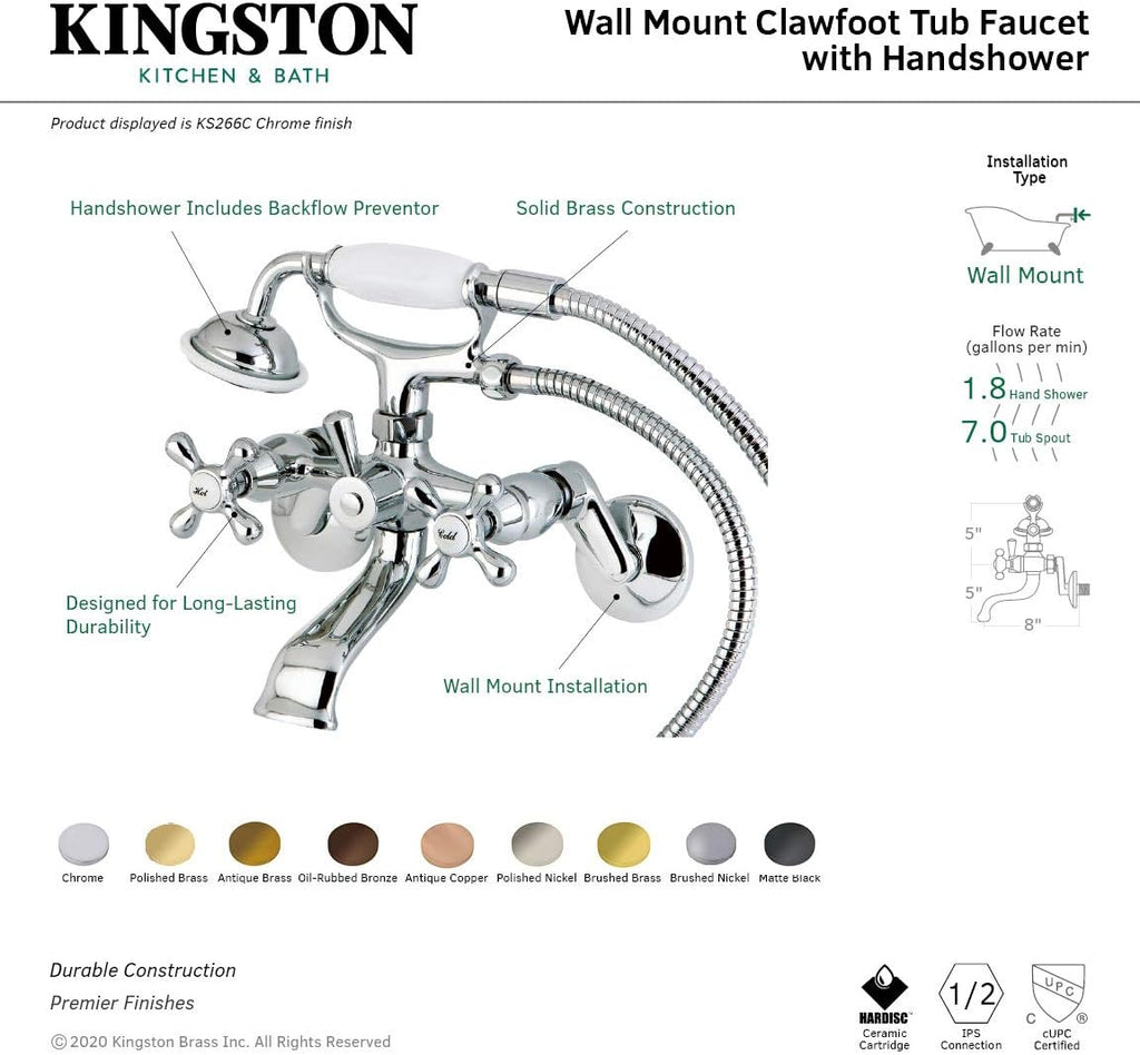 Kingston Brass KS266AC Kingston Wall Mount Clawfoot Tub Faucet with Hand Shower, Antique Copper