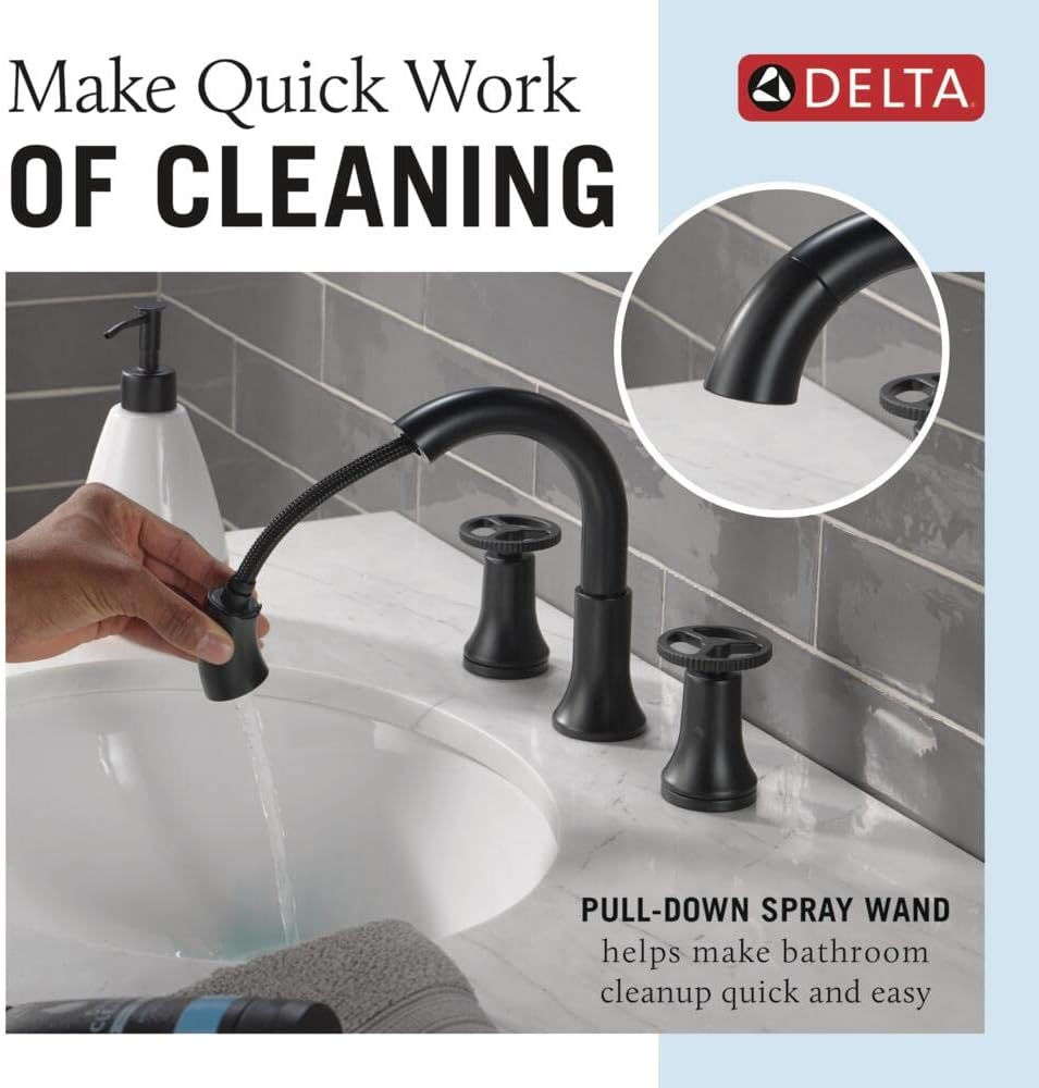 Delta Faucet Trinsic Pull Down Bathroom Faucet, Bathroom Pull Out Faucet, Black Widespread Bathroom Faucet 3 Hole Pull Down Sprayer, Bathroom Sink Faucet Magnetic Docking, Matte Black 3558-BLPD-DST