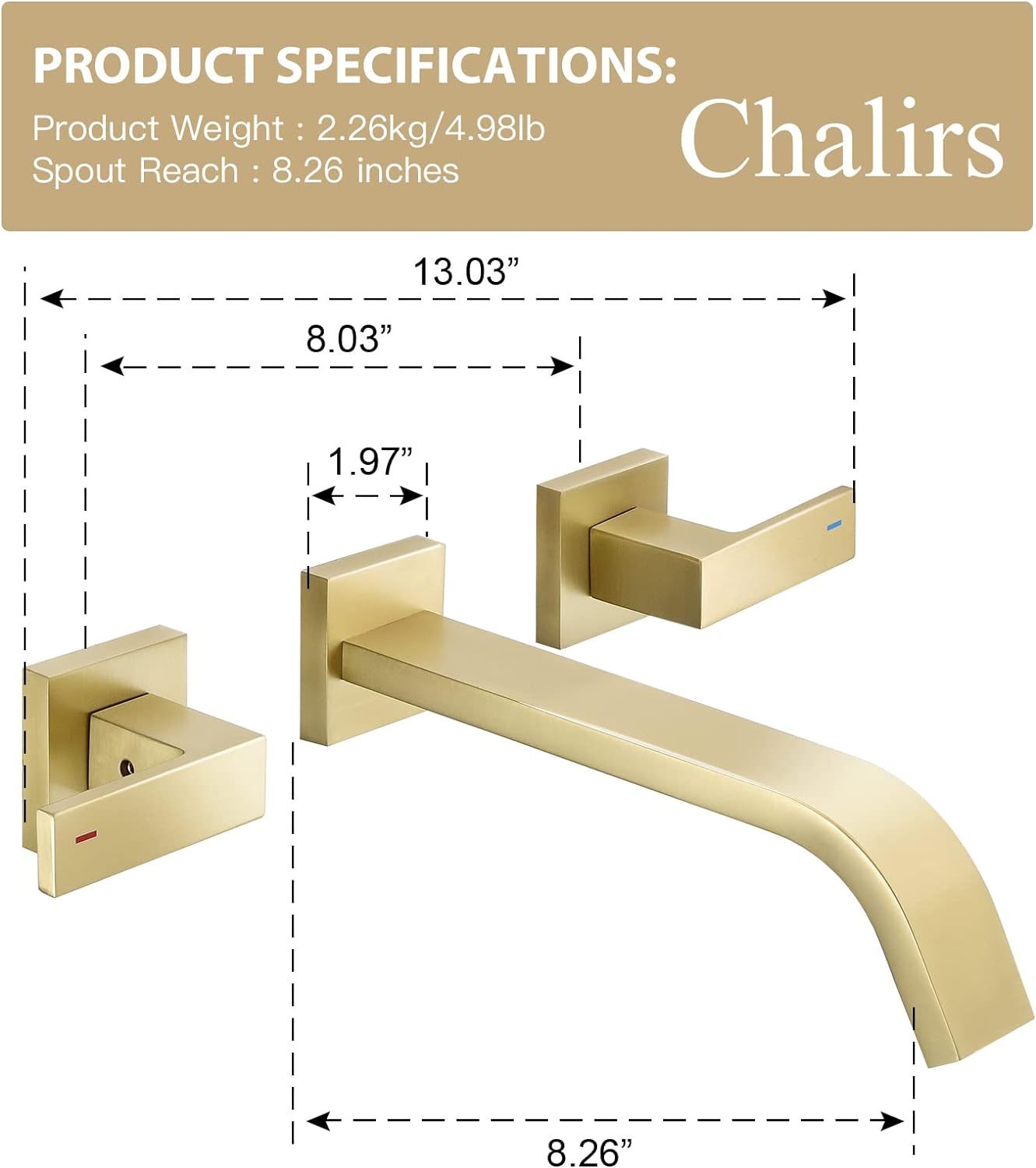 Brass Wall Mount Bathroom Faucet,Brushed Gold Wall Mounted Vessel Sink Faucet with Dual Lever Handles,Widespread 3 Holes Wall Faucet for Vanity Lavatory Sink,Rough in Valve