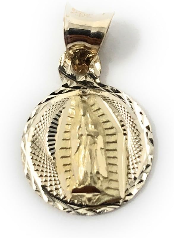 Ioka 14K Yellow Gold Diamond Cut Our Lady of Guadalupe Stamp Charm Pendant with 1.2mm Figaro 3+1 Chain Necklace