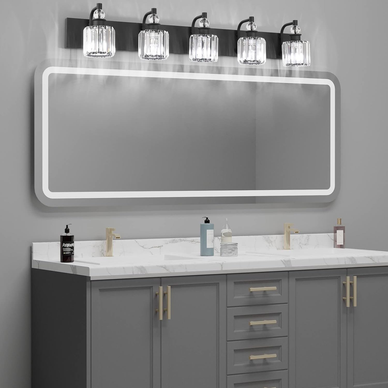 Ralbay Crystal Black Vanity Light Fixtures 5 Light Crystal Bathroom Light Fixtures Over Long Mirror Modern Matte Black Bath Wall Lights