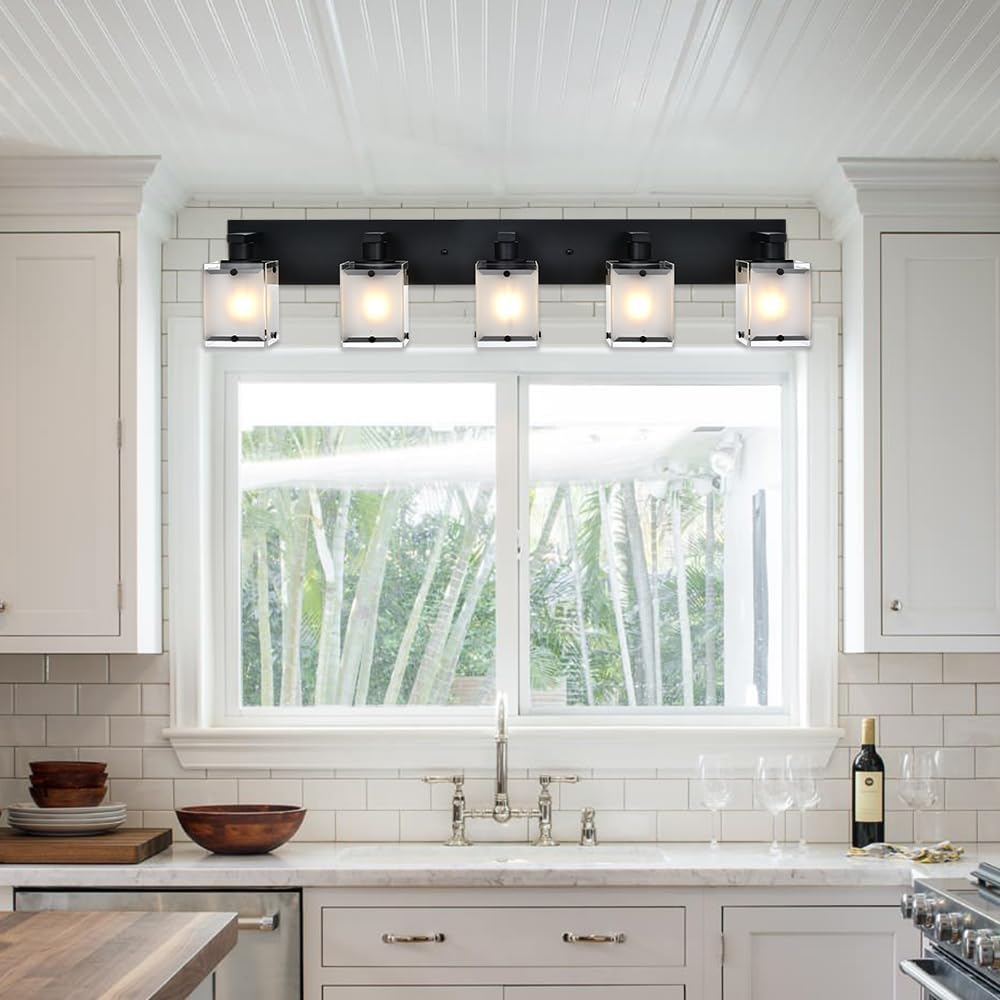 5-Lights Bathroom Light Fixtures, Matte Black Modern Vanity Lights with Rectangular Frosted Glass for Over Mirror Dressing Table, E26 Bulb Base