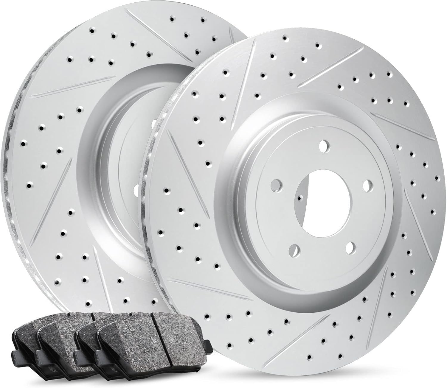 R1 Concepts Front Brake Kit For 2018-2022 BMW 530e, 2017-2022 BMW 530i, 2017-2019 BMW 540i, 2019-2022 BMW X5| Drilled Slotted Brake Rotors| Ceramic Brake Pads and Rotors Kit| Hardware included