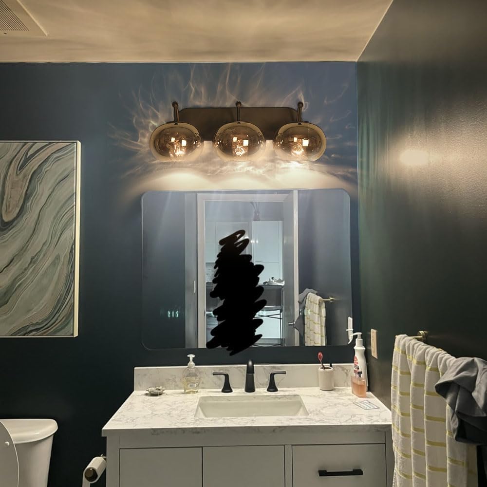 23' Matte Black Vanity Light Smoked Hammered Glass Wall Sconce 3-Light Grey Lampshade Wall Lamp for Hallway Living Room Stairwell Bathroom Over Mirror