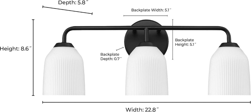 ML Lighting | Norah Collection | 22303-BN | 3 Light Vanity in Brushed Nickel Finish with Opal Ribbed Glass Shade | Versatile Design That adds High-End Texture and Elegance to Your Bathroom