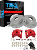 TRQ Performance Rear Brake Pad and Rotor Set Ceramic Coated Drilled Slotted Rotors Calipers Red Compatible with 2007-2012 Lexus ES350 2008-2012 Toyota Avalon 2007-2011 Camry