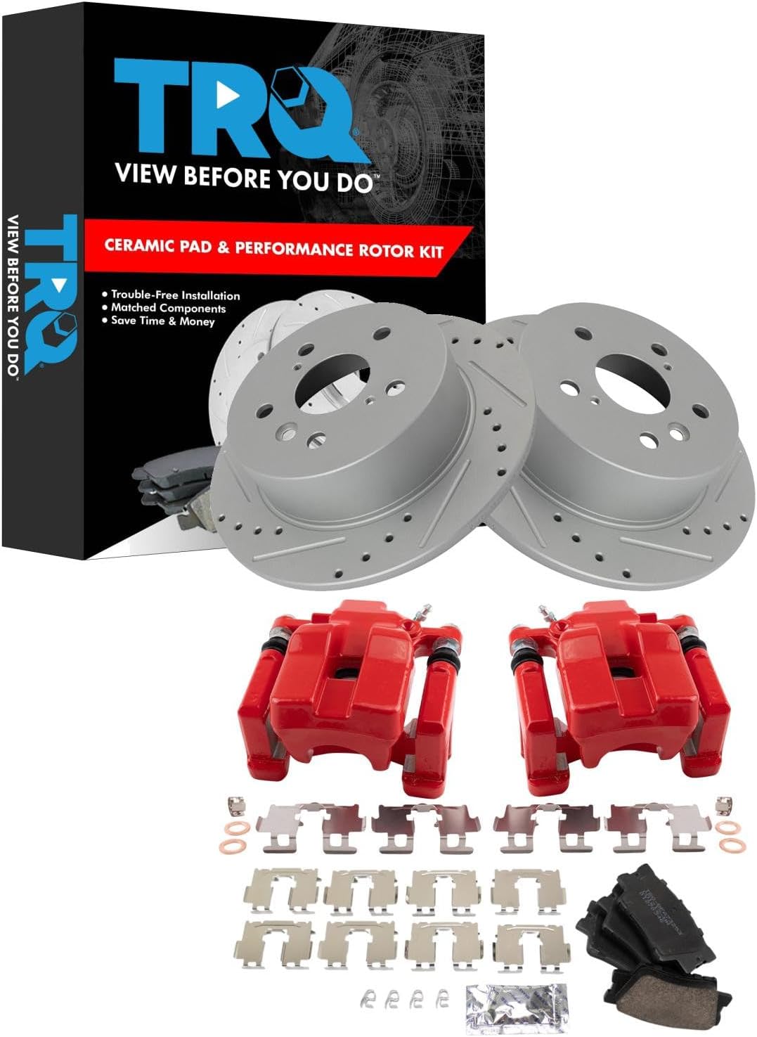 TRQ Performance Rear Brake Pad and Rotor Set Ceramic Coated Drilled Slotted Rotors Calipers Red Compatible with 2007-2012 Lexus ES350 2008-2012 Toyota Avalon 2007-2011 Camry