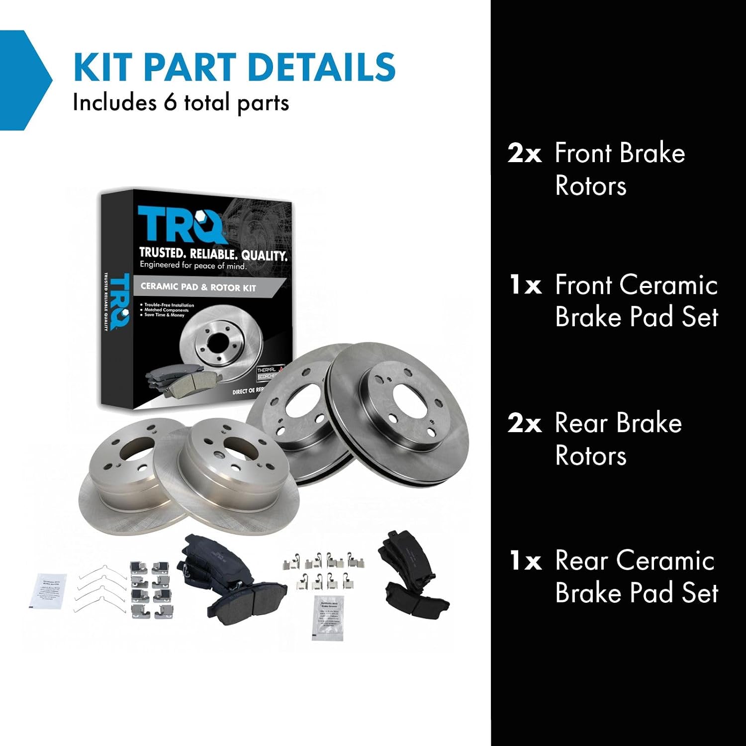 TRQ Front and Rear Brake Pad and Rotor Set Ceramic Vented Solid Rotors Compatible with 1992-1999 Toyota Camry