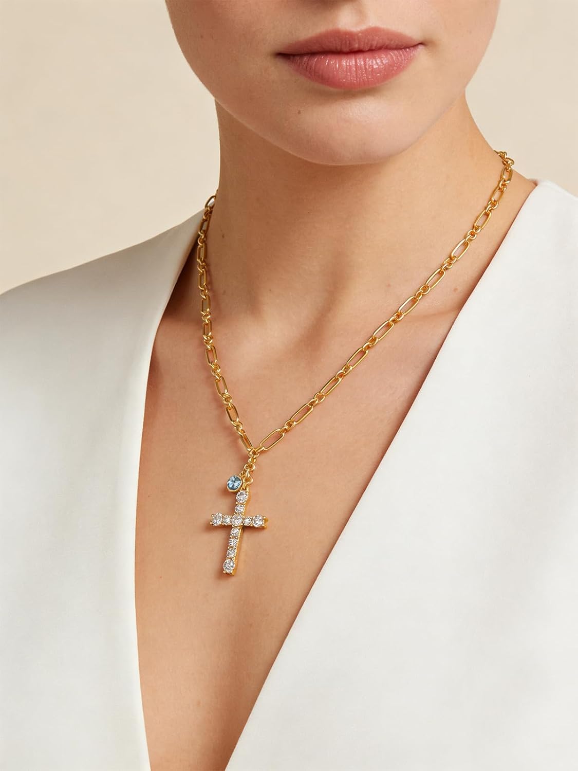 Cross Necklace for Women 14K Gold Birthstone Anniversary Birthday Gift for Wife Mom Protection Christian Jewelry Adjustable Chain