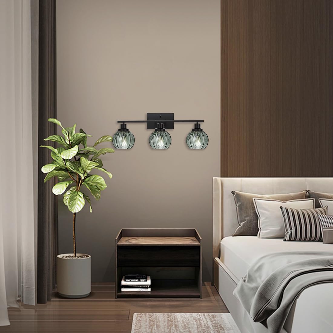 3-Light Bathroom Light Fixture Green Wall Lights with Ribbed Glass Shade Black Vanity Light Over Mirror Mid Century Wall Sconce for Bedside Bedroom Living Room