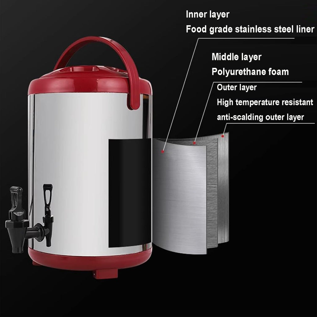 Stainless Steel Insulated Food Containers, Insulated Beverage Dispenser Hot Water Urn with Faucet Tea Dispenser for Catering (Red 8L)