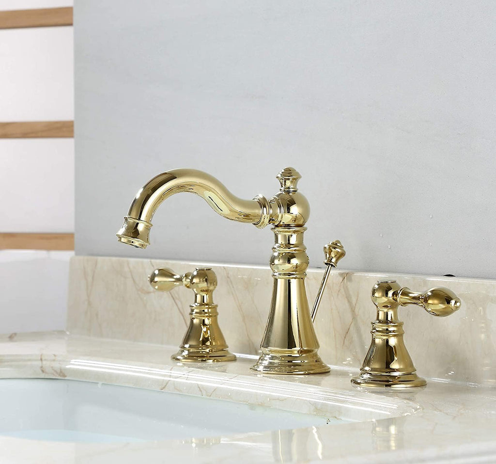 Gold Finish Bathroom Faucet 8 Inch Widespread Polished Brass,Two-Handle Sink Faucet 3 Hole with Brass Pop up Drain Assembly, F-8303-PB
