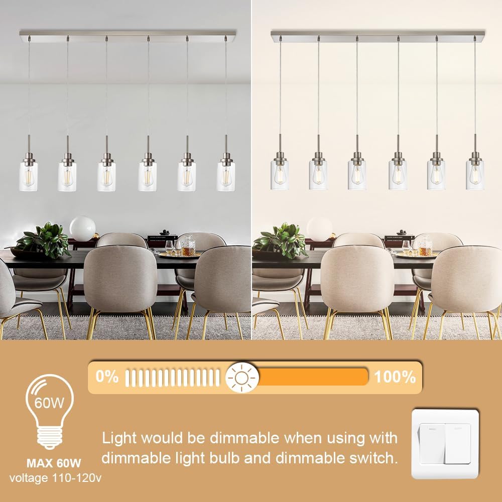 6-Lights Pendant Lighting for Kitchen Island in Brushed Nickel, Ceiling Light Fixtures with Adjustable Hanging Wire & Clear Glass Shades