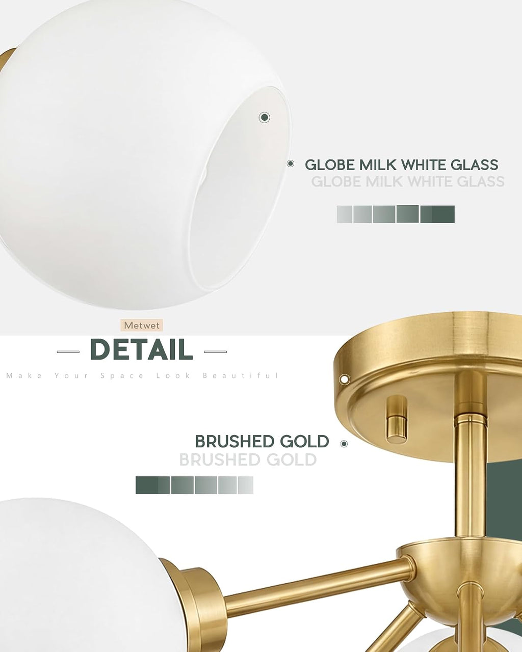 6-Light Semi Flush Mount Ceiling Light, 22' Modern Light Fixtures Ceiling Mount with Globe Milk White Glass Shade, Brushed Gold Light Fixtures for Kitchen Entryway Bedroom, SM195-BG-ML-6