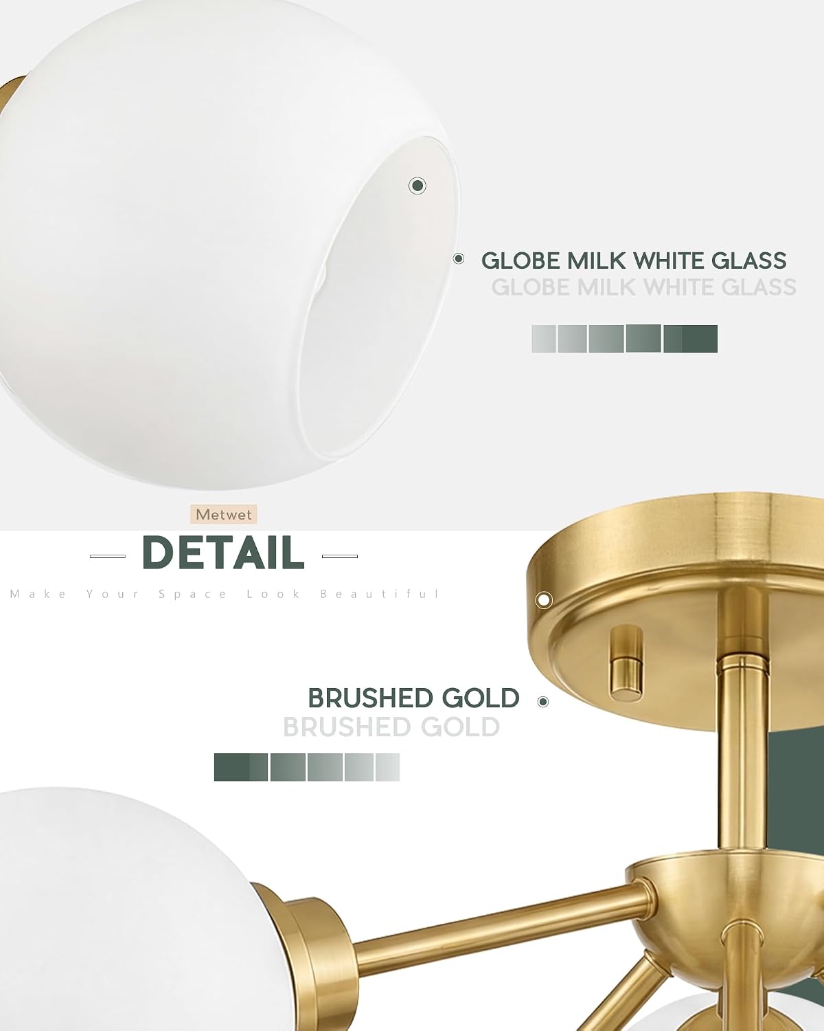 6-Light Semi Flush Mount Ceiling Light, 22' Modern Light Fixtures Ceiling Mount with Globe Milk White Glass Shade, Brushed Gold Light Fixtures for Kitchen Entryway Bedroom, SM195-BG-ML-6