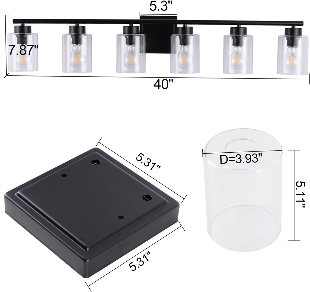 6 Light Bathroom Light Fixtures, 40 Inches Bathroom Lighting Fixtures Over Mirror, Black Vanity Light with Clear Glass Shades