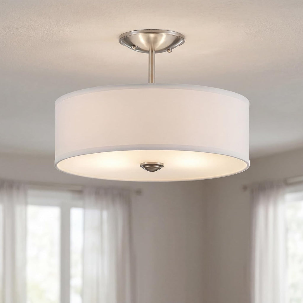Kichler Shailene 14' 3-Light Semi Flush Mount Ceiling Light Fixture with Satin Etched White Diffuser and White Microfiber Shade in Brushed Nickel for Bathroom or Bedroom, 43675NI