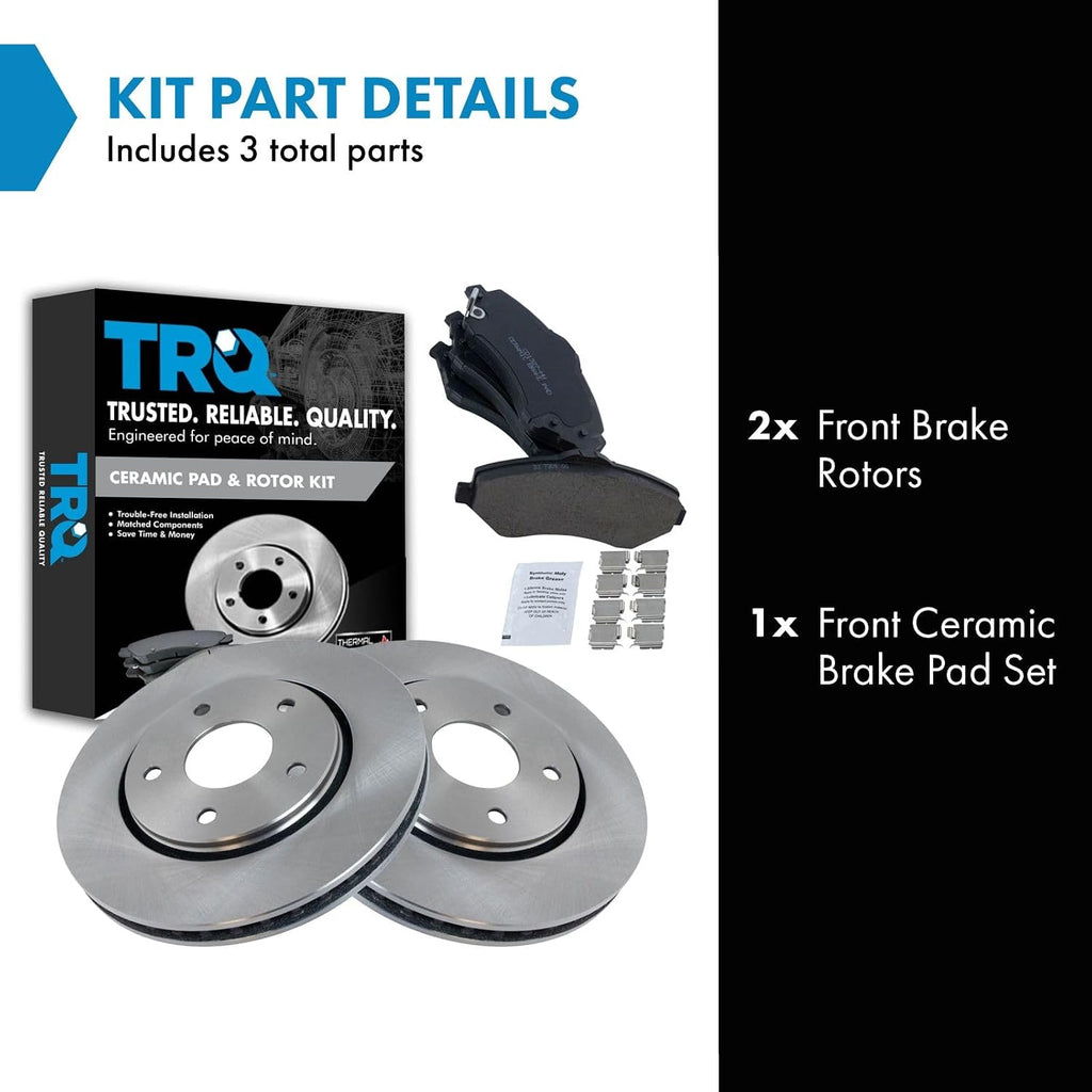 TRQ Front Brake Pad and Rotor Set Ceramic Vented Rotors Compatible with 2008-2016 Chrysler Town and Country 2008-2016 Grand Caravan 2009-2013 Journey 2012-2015 Ram C V 2009-2014 Volkswagen Routan