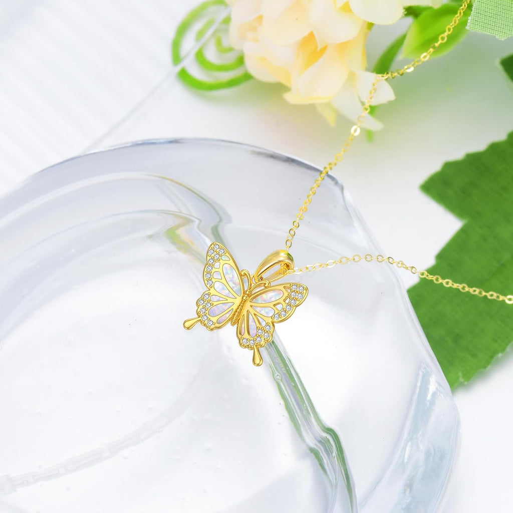 DOVRAN Real Solid Gold Birthstone Butterfly/Dragonfly/Bee/Hummingbird Necklace for Women Yellow Gold Animal Pendant for Christmas Dainty Jewelry Birthday Gifts for Mom Wife