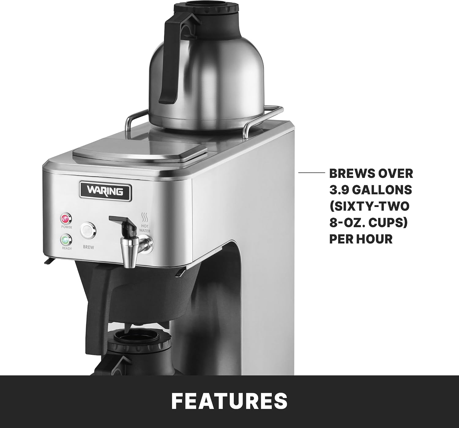 Waring Commercial Café Deco Thermal Coffee Brewer, 3.9 Gallons per Hour, Fits Large 64 oz Thermal Carafes, Stainless Steel, Front Mounted Faucet, NSF Certified, WCM60PT