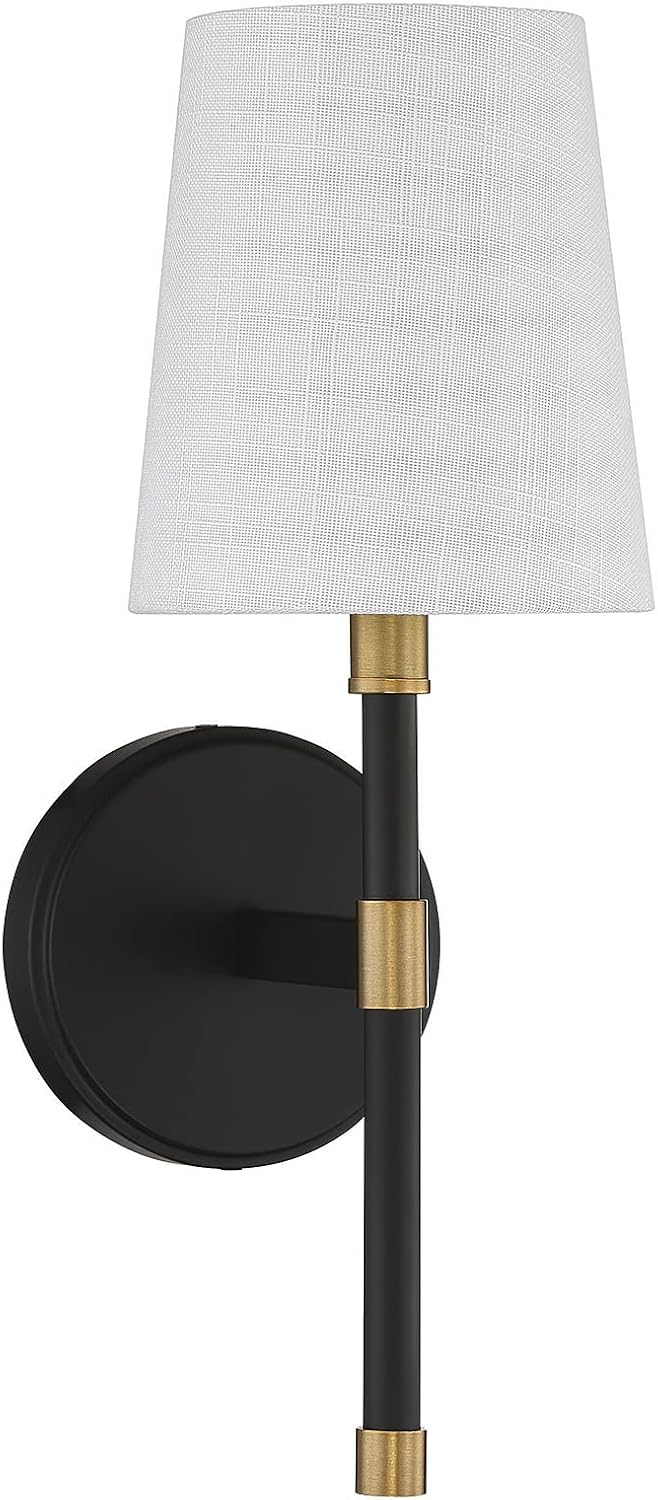 Savoy Essentials 9-1632-1-143 Brody Traditional White Fabric Wall Sconce, 1-Light 60 Watt, 16' H x 6' W, Matte Black with Warm Brass Accents