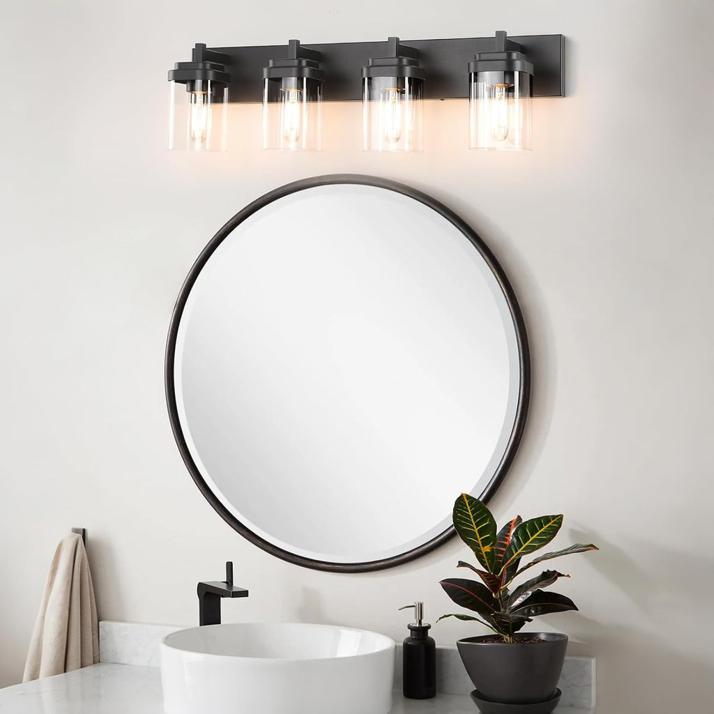 4-Light Vanity Light Fixture, Bathroom Wall Sconces, Bathroom Vanity Lighting Over Mirror | Square Clear Glass Shade | Bulbs Not Included | E26 Socket | Black