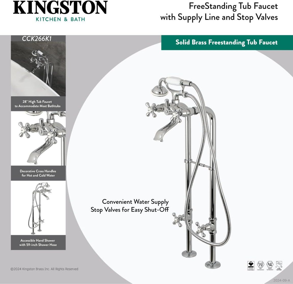 Kingston Brass CCK266K0 Kingston Freestanding Tub Faucet with Supply Line and Stop Valve, Matte Black
