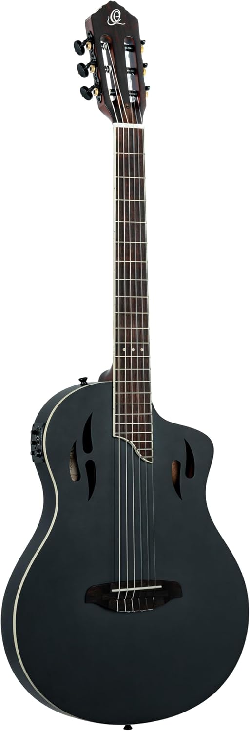 Ortega TourPlayer Standard Thinline Crossover Nylon-String Electric Guitar w/Pro gig bag, Satin Black (RTPSTD-SBK)