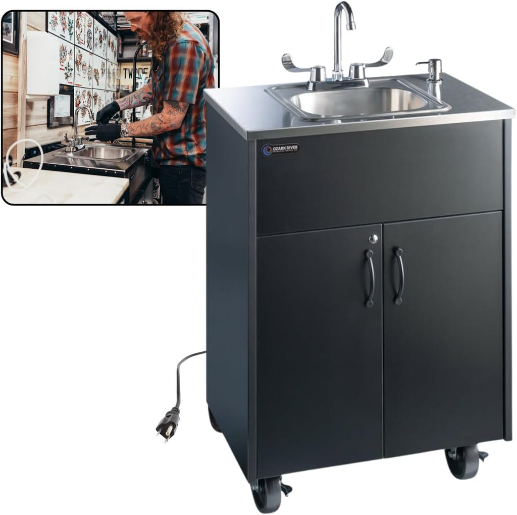 Ozark River Portable Sinks Premier S1, Black Laminate-Stainless Countertop & Basin, Self Contained Sink, Hand Washing Station, Portable Sink with Hot Water, Portable Sink Hand Wash Station