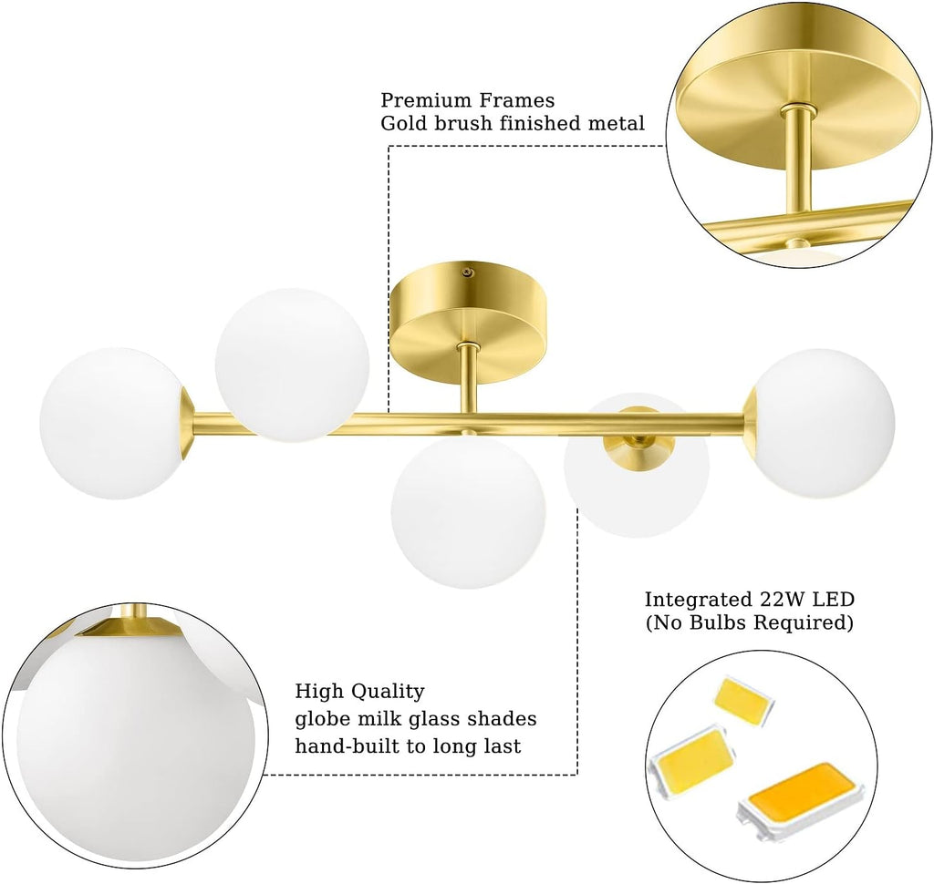Bathroom Vanity Lights, 5-Light Bathroom Light Fixtures, Mid Century Modern Gold Bathroom Light Ceiling Light, Dimmable LED Wall Sconces Semi-Flush Mount Light Fixture with Milk Glass, Gold Brushed