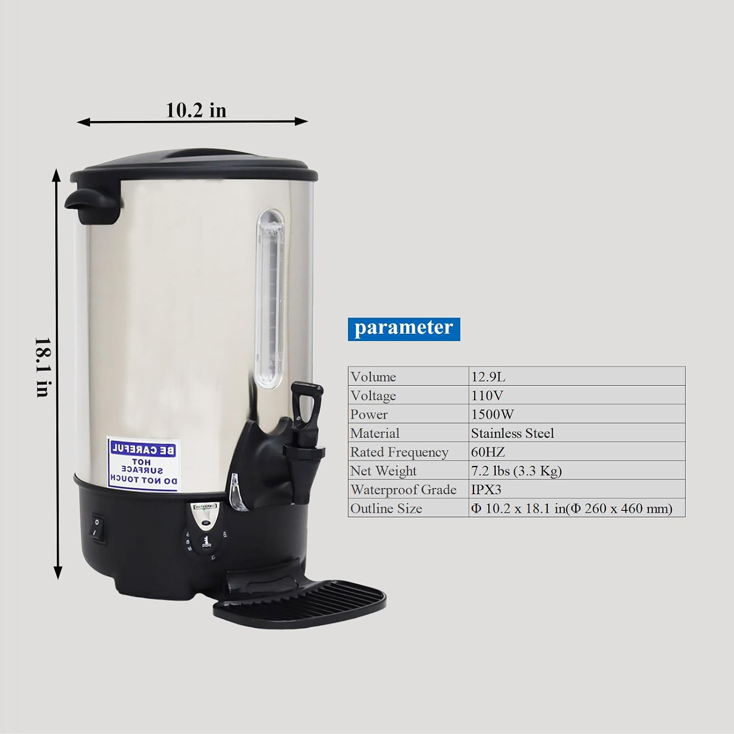 12.9L Commercial Large Capacity Stainless Steel Hot Water Dispenser Temperature Control Electric Boiling Bucket for Coffee Shops Milk Tea Shops Restaurants 110V 1500W
