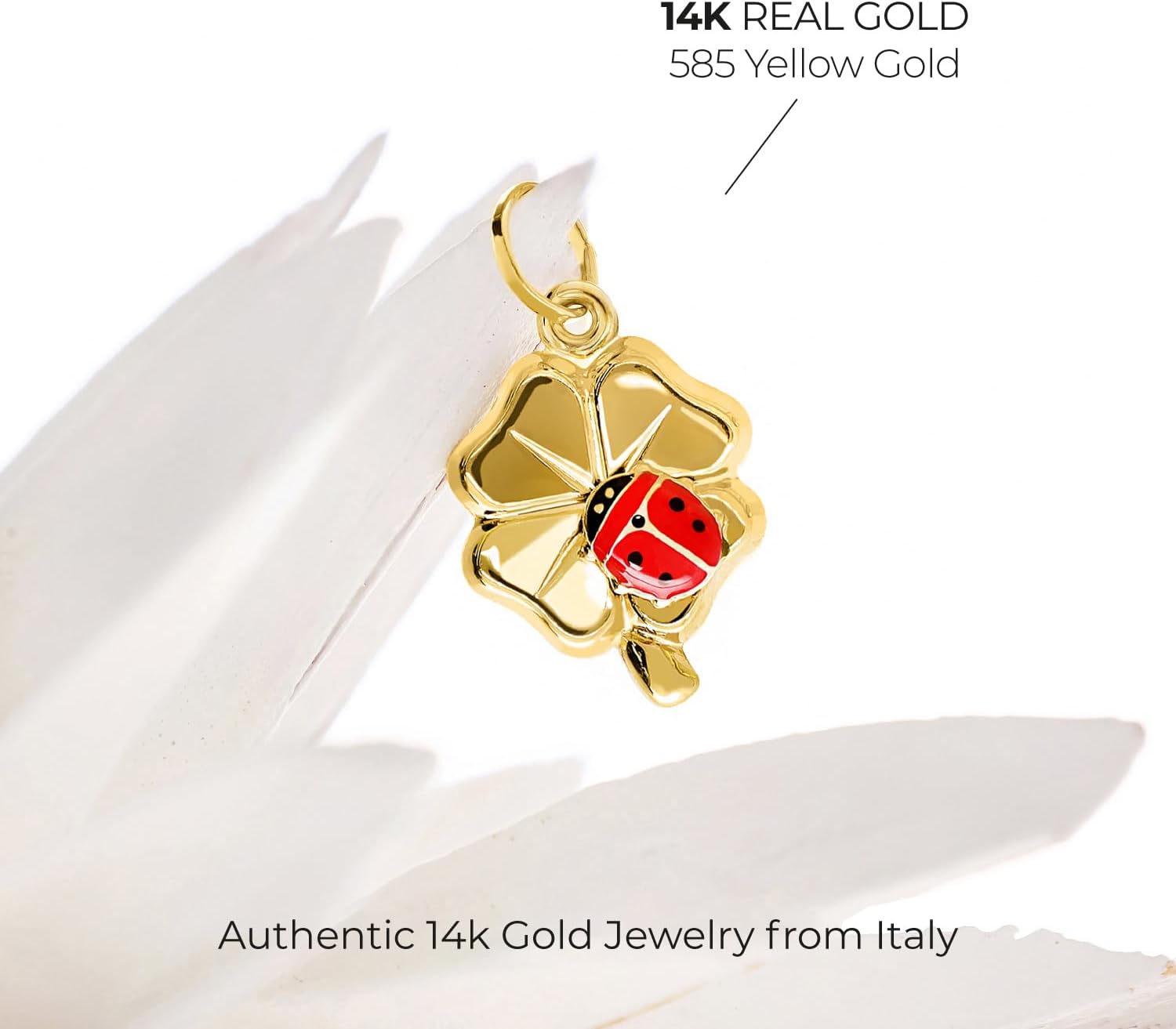 forme di Lucchetta - 14 karat Yellow Gold Four Clover Leaf Pendant with Red Ladybug Lucky Charm, Womens 14k Charms for Necklaces up to 4mm, Authentic Fine Jewelry from Italy