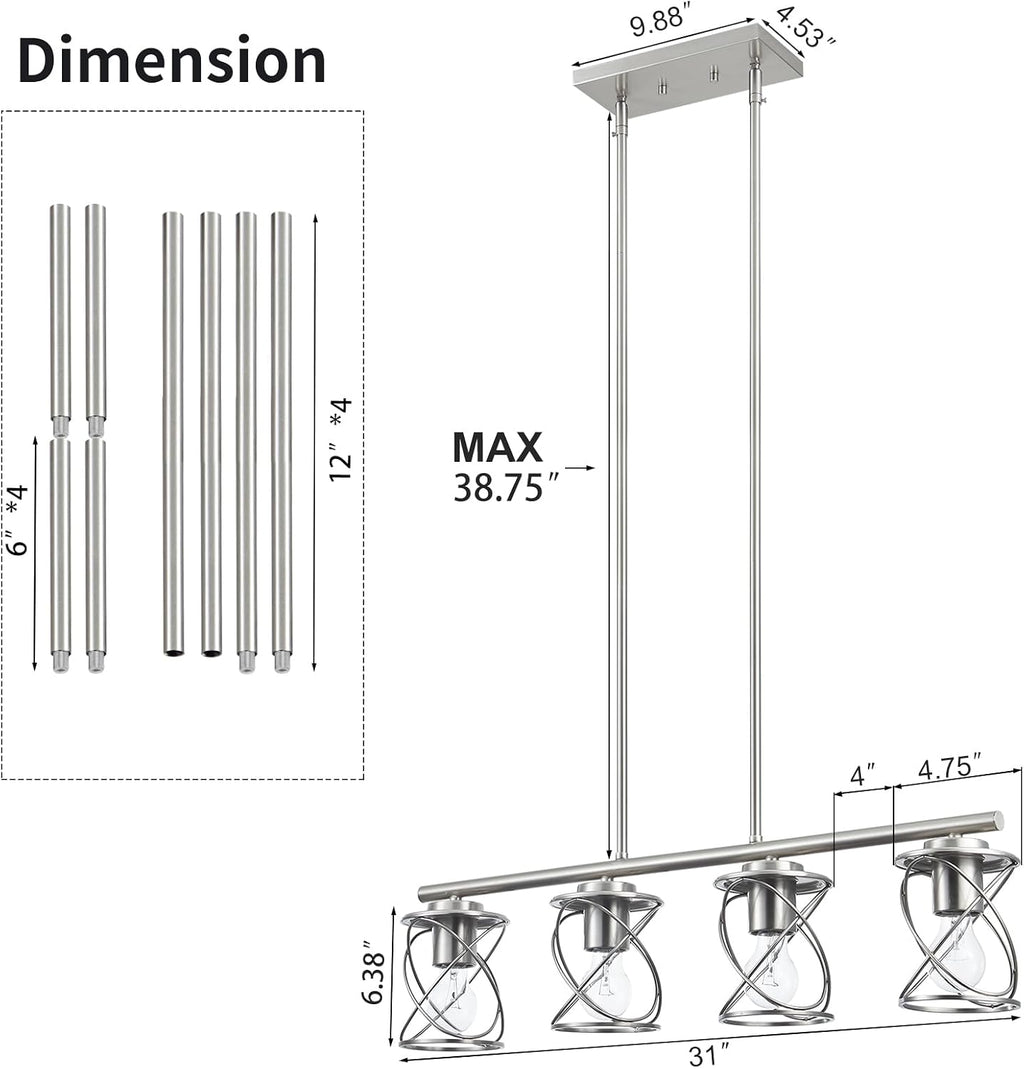 mavcadonf Kitchen Island Light, 4-Light Dining Room Lighting Fixtures Hanging, Farmhouse Linear Pendant Light for Kitchen Island Table Living Room with Adjustable Rods, Brushed Nickel