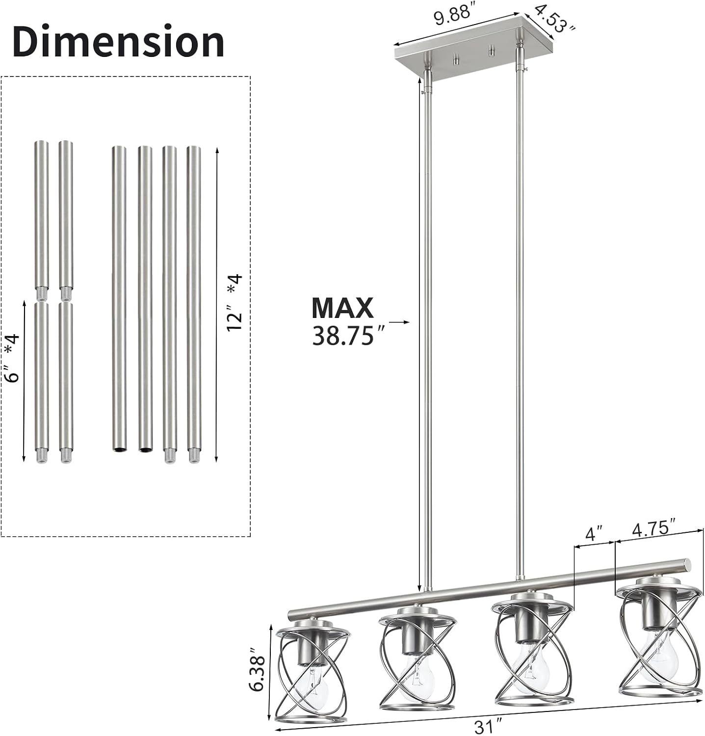 mavcadonf Kitchen Island Light, 4-Light Dining Room Lighting Fixtures Hanging, Farmhouse Linear Pendant Light for Kitchen Island Table Living Room with Adjustable Rods, Brushed Nickel