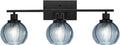 Mid Century Blue Wall Sconce 3-Light Vanity Lighting Fixture | Anti-Rust Black Metal Vanity Light, Thick Ribbed Blue Textured Globe Glass, E26 Base, Wall Mount Bath Sconce for Bedroom