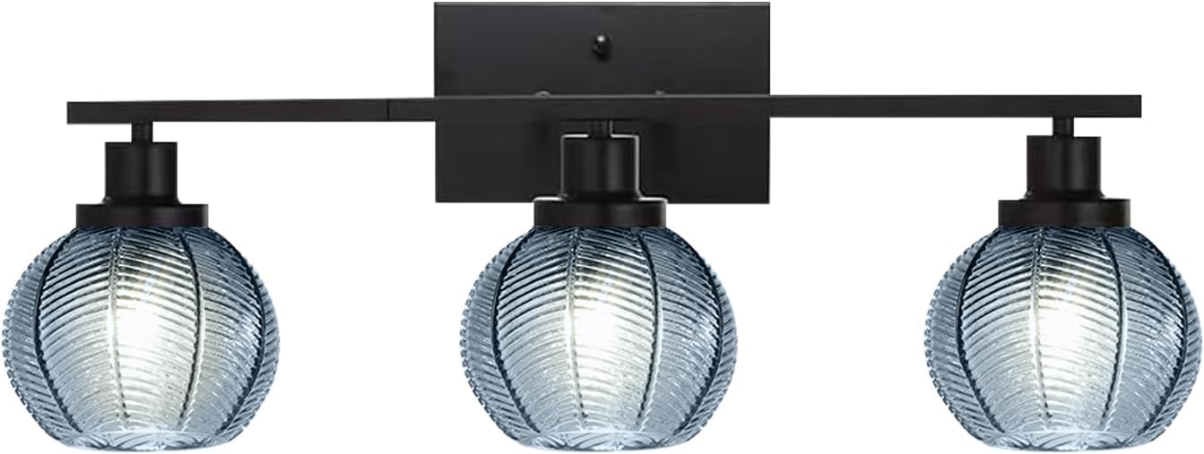 Mid Century Blue Wall Sconce 3-Light Vanity Lighting Fixture | Anti-Rust Black Metal Vanity Light, Thick Ribbed Blue Textured Globe Glass, E26 Base, Wall Mount Bath Sconce for Bedroom
