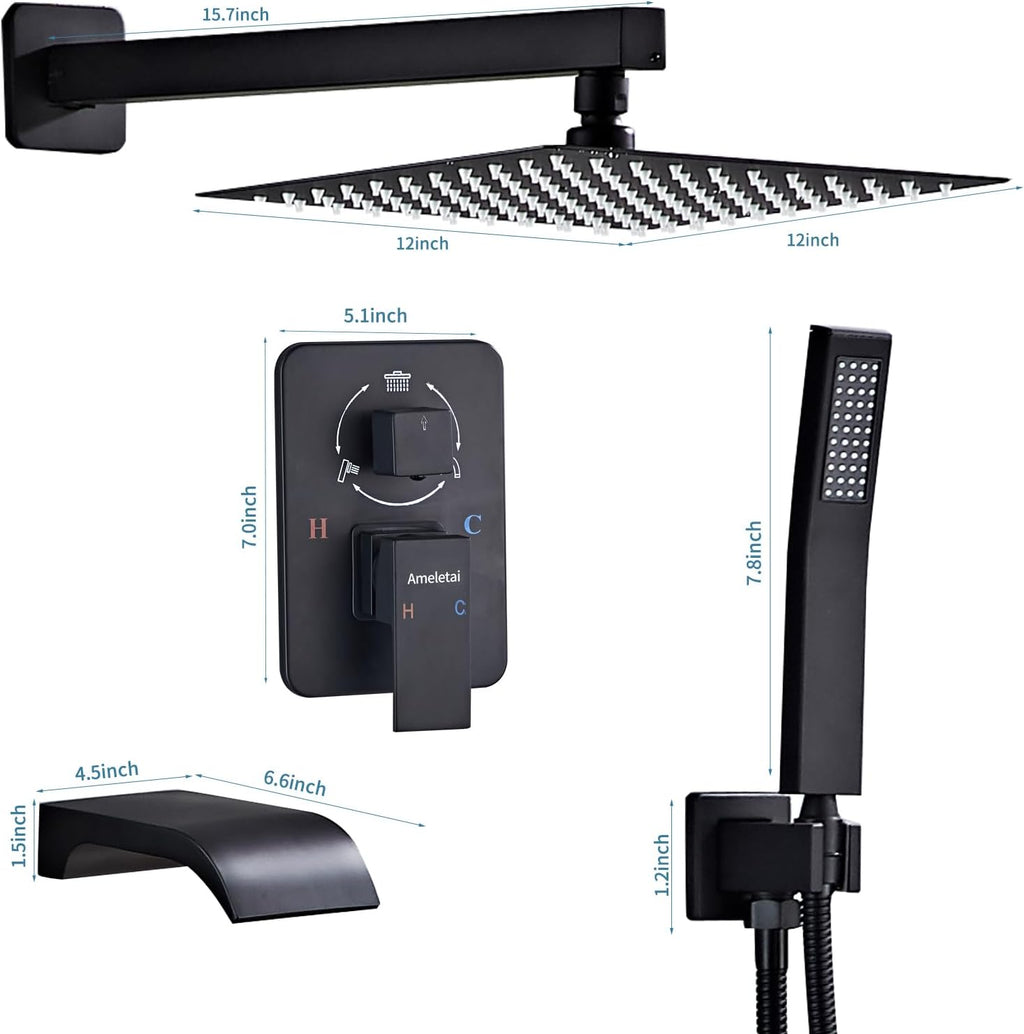 10' Matte Black Shower Faucet Set – Square Rainfall Showerhead + Handheld & Waterfall Spout, Wall-Mounted, Anti‑Clog Silicone – Modern Bathroom Hardware