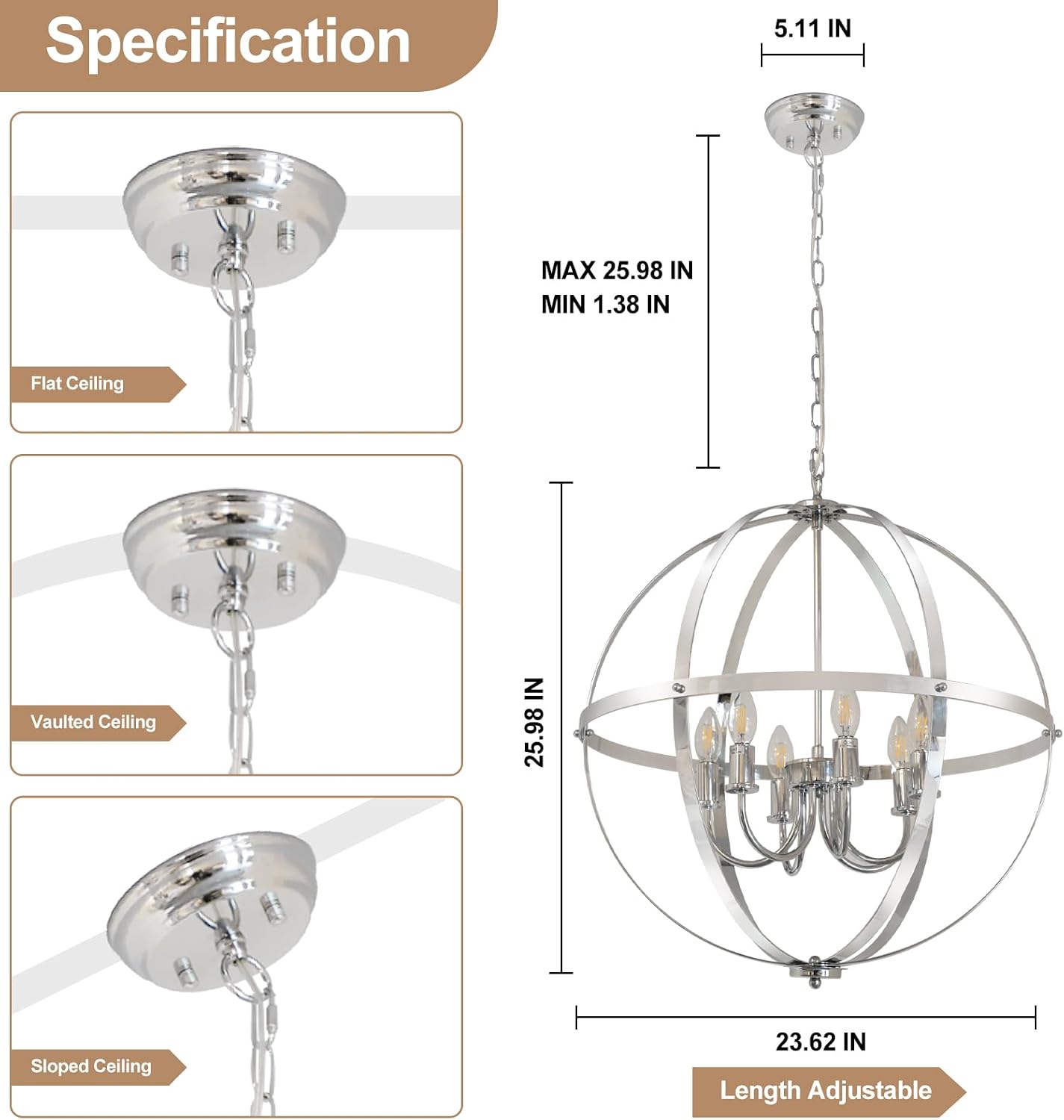 DLLT 6-Light Chrome Globe Pendant Light Fixtures, Industrial Sphere Pendant Lighting Over Island for Dining Room Foyer