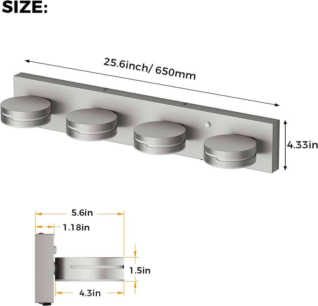 26' Motion Sensor Vanity Light Brushed Nickel, 3CCT 4-Light Modern LED Bathroom Lighting Fixtures Over Mirror, Dimmable Rotatable Head Wall Sconce, 3000K-6000K Color Selectable