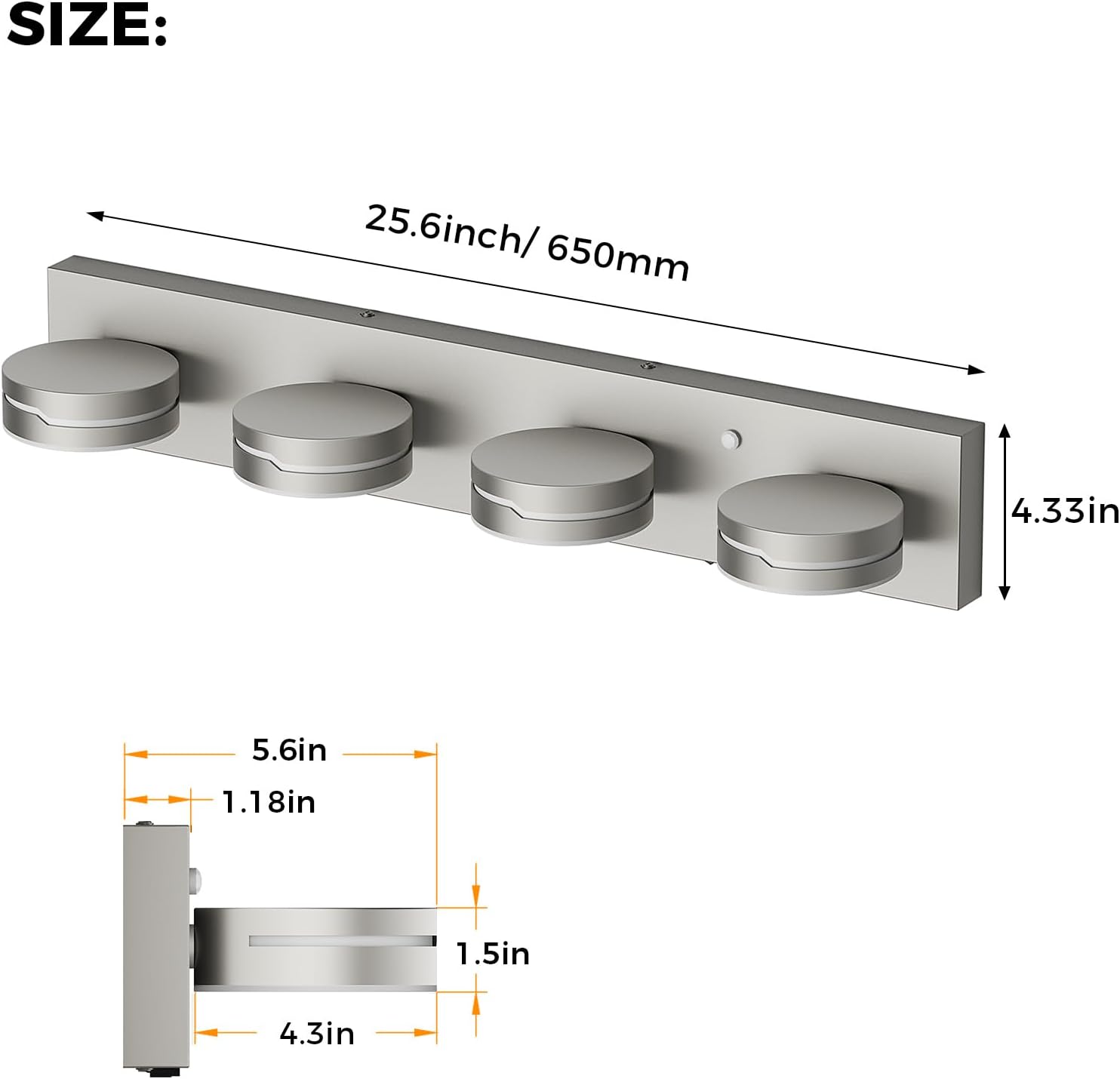 26' Motion Sensor Vanity Light Brushed Nickel, 3CCT 4-Light Modern LED Bathroom Lighting Fixtures Over Mirror, Dimmable Rotatable Head Wall Sconce, 3000K-6000K Color Selectable