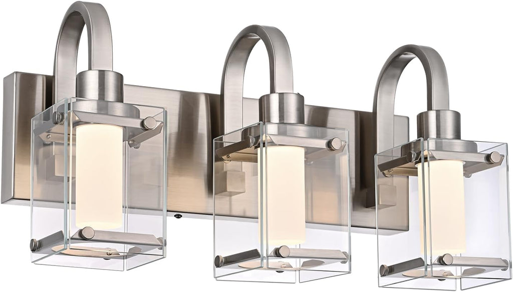 3-Light Brushed Nickel Vanity Light Fixtures, Modern LED Bathroom Wall Lights for Dressing Room, Integrated LED Chips with Frosted Column & Clear Square Glass Shades, Energy Saving Wall Sconce